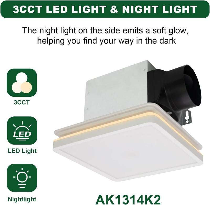 Akicon Bathroom Exhaust Fan with Light, 80CFM 2.0 Sones Exhaust Fan for Bathroom Ceiling, 15W Dimmable 3CCT LED Shower Lights & 3.5W Nightlight Vent Fan for Home, Square, White - Image 4